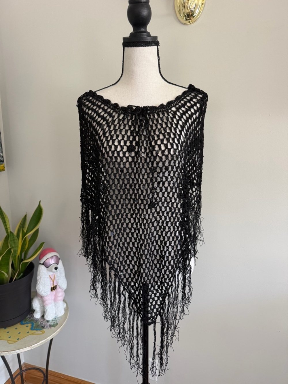 Black Crocheted Fringe Poncho
